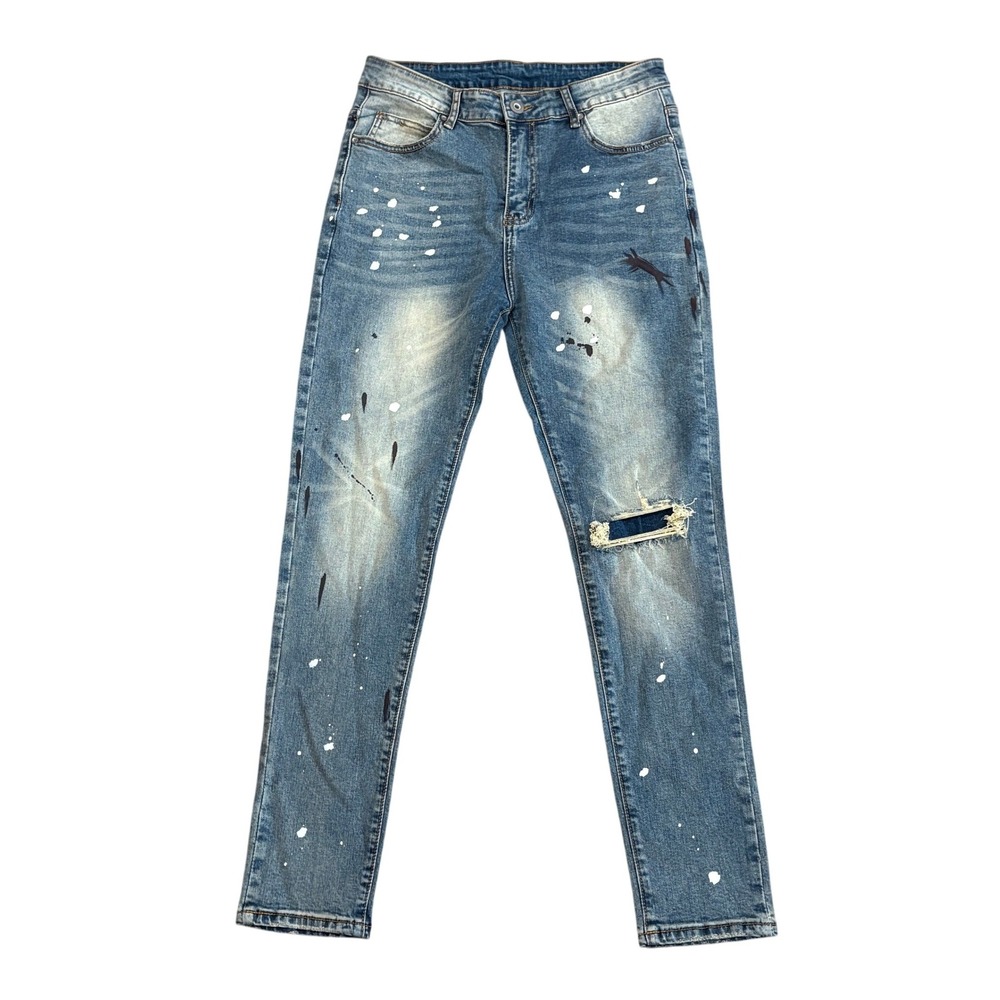 Black Icon Jeans Mens 32 Blue Paint Splatter Distressed‎ Slim Streetwear Denim